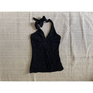 Bisou Bisou Michele Bohbot Women’s Top Sz L Black Lace Halter Tank Y2K Boho Sexy